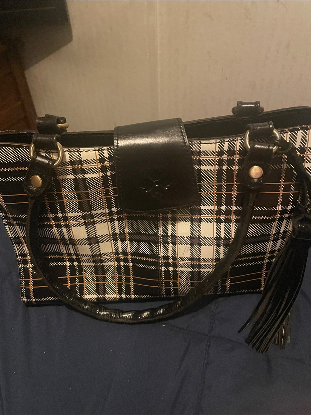 Patricia Nash Black and Cream Plaid Shoulder Bag with Tassel
